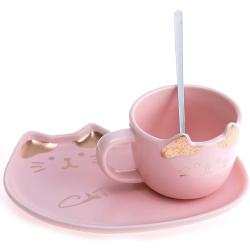 Présentation Tasse Chat Kawaii Rose, Cuillère, Décoration Japonaise