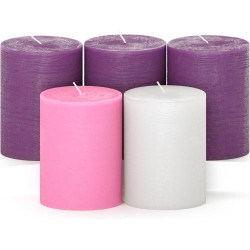 Présentation Bougies pilier CANDWAX, 5 pièces, rustiques, violet