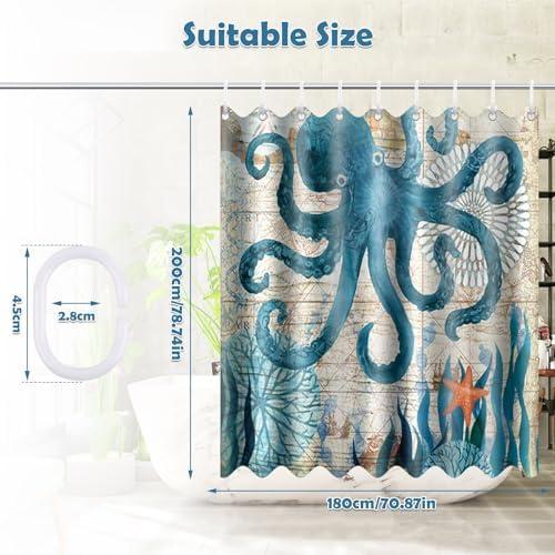 Présentation de Rideau de Douche Polyester Motif Pieuvre - Imperméable et Anti Moisissure en situation