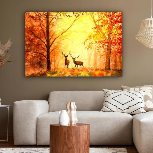 Présentation de Zoom sur Toile Cerf et Automne: Peinture Huile Animaux pour Décoration Murale