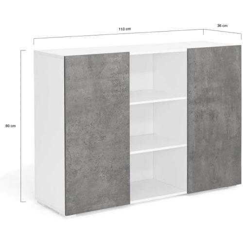 Présentation de Zoom sur Buffet IDMarket 110 cm ELI Blanc, 2 Portes, Effet Béton