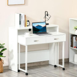 Bureau HOMCOM Blanc, Tiroirs, Roulettes, Poste de Travail en situation