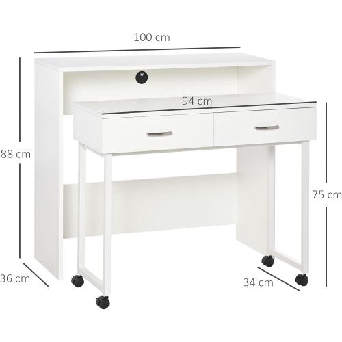 Présentation de Zoom sur Bureau HOMCOM Blanc, Tiroirs, Roulettes, Poste de Travail