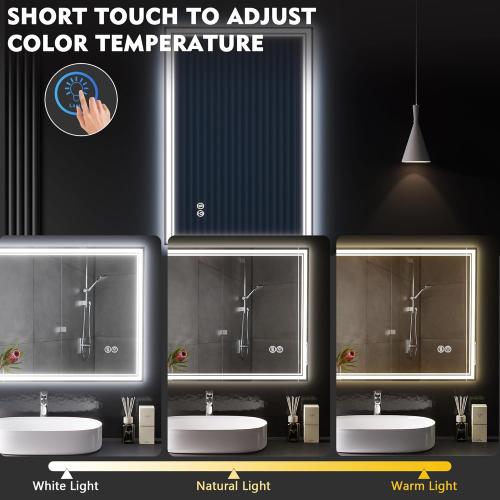 Présentation de Miroir salle de bain LED Lvifur, anti-buée, 3 couleurs en situation