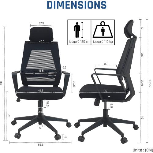 Présentation de Zoom sur Chaise de Bureau Ergonomique KLIM K300, Coussins Doux, Noir