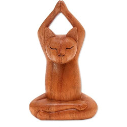 Présentation Sculpture en bois Yoga Cat marron, décoration zen