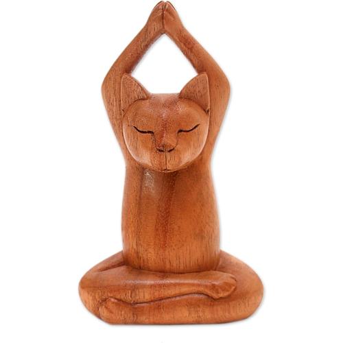 Présentation de Présentation Sculpture en bois Yoga Cat marron, décoration zen