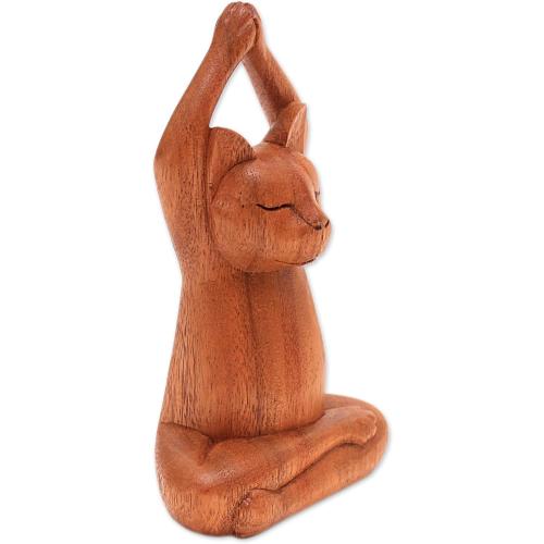 Présentation de Zoom sur Sculpture en bois Yoga Cat marron, décoration zen