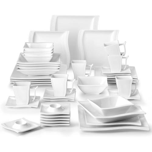 Présentation de Présentation MALACASA Service de Table Flora, 42pcs Porcelaine Blanc