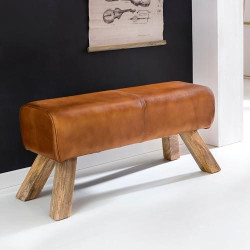 Banc en Bois Massif et Cuir Véritable Style Rétro pour Salle à Manger en situation