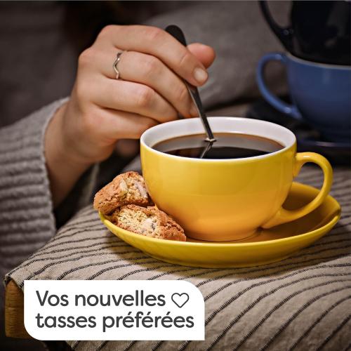 Présentation de Zoom sur Tasses Cappuccino Ceramique Colorée, Soucoupes, Boite Cadeau