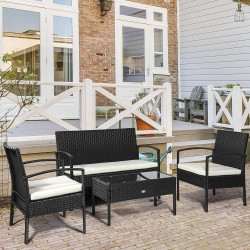 Outsunny Salon jardin rotin PE, table basse, fauteuils, noir en situation