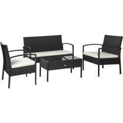 Présentation Outsunny Salon jardin rotin PE, table basse, fauteuils, noir