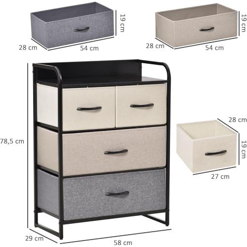 Présentation de Zoom sur HOMCOM Chiffonnier 4 Tiroirs Tissu Noir, Gris, Écru, Beige