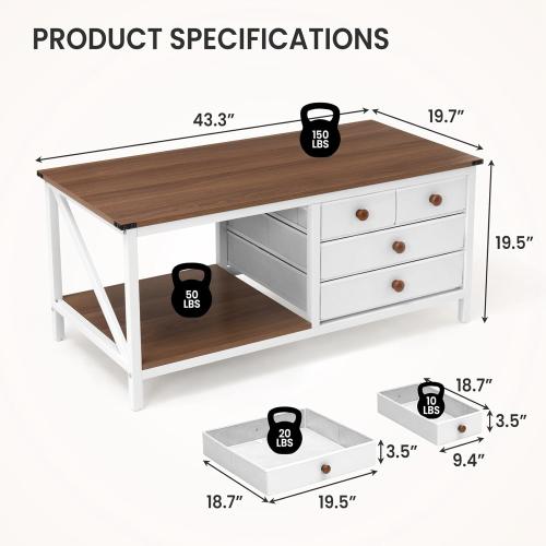 Présentation de Table basse rustique 4 tiroirs rangement, blanc, salon en situation