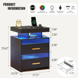 Table de chevet intelligente HWB, LED, chargeur, noir en situation