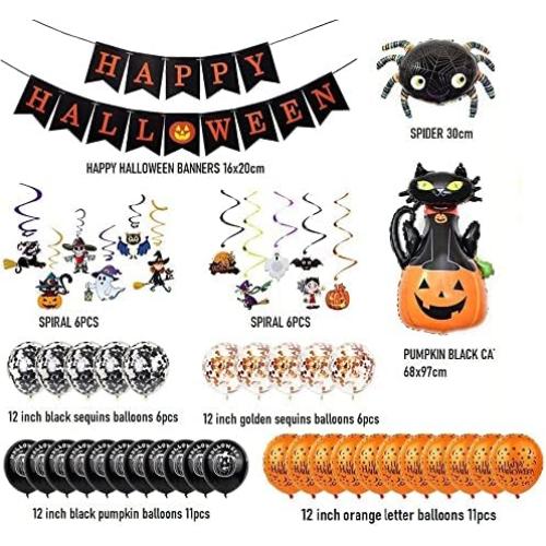 Présentation de Zoom sur Ballons Halloween, Bannières Citrouilles, Fantômes, Sorcières, Décor