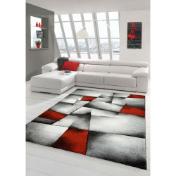 Présentation Tapis contemporain design, motif diamant, rouge gris noir