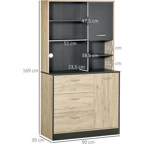 Présentation de Zoom sur Buffet Cuisine Armoire Multi-rangements 2 Portes, 3 Tiroirs, Bicolore