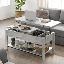 Table basse multifonction FABATO, plateau relevable, rangement en situation