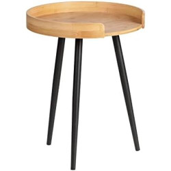 Présentation Table Basse Ronde Bois Bambou, Pied Métal Noir, Meuble Salon Tendance