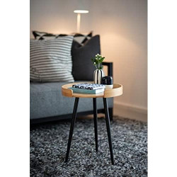 Table Basse Ronde Bois Bambou, Pied Métal Noir, Meuble Salon Tendance en situation