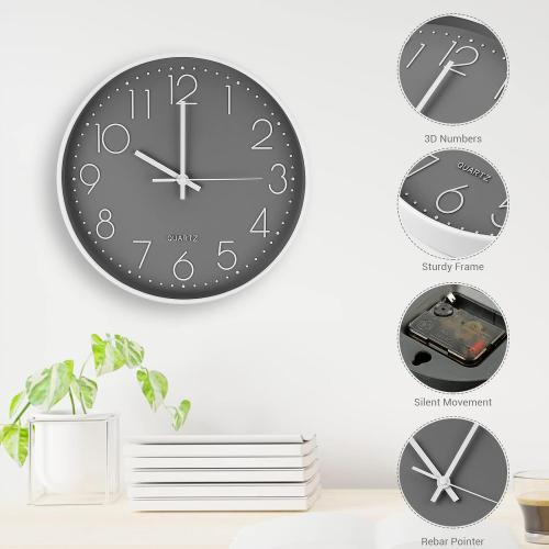 Présentation de Zoom sur Horloge Murale Moderne Silencieuse Czemo, Quartz, Gris