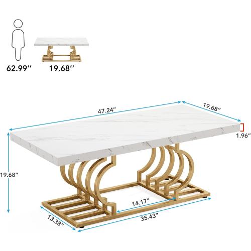 Présentation de Table Basse Moderne Faux Marbre, Pieds Métal Blanc Or en situation