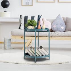 Table d'appoint ronde pliable, deux niveaux, bleu gris en situation