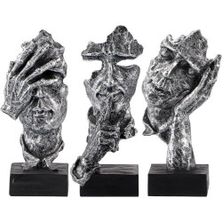 Présentation Statues Penseur Moligou, See Hear Speak No Evil, Argent