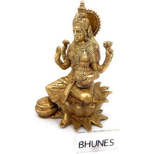 Présentation de Zoom sur Statue Lakshmi Assise Lotus, Bhunes, Décoration Or