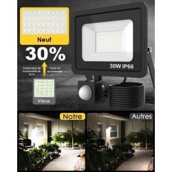 Projecteur LED 30W, 3000LM, IP66, Noir, Détecteur Mouvement en situation