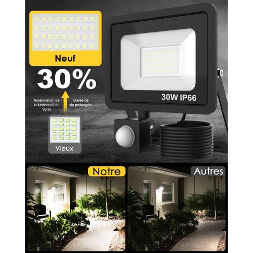 Présentation de Projecteur LED 30W, 3000LM, IP66, Noir, Détecteur Mouvement en situation