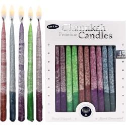 Présentation Bougies Chanukah artisanales, cire multicolore, rustiques