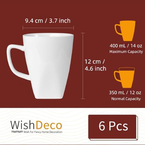 Présentation de Zoom sur WishDeco 6 Tasses en Céramique Blanches, Mugs Grandes