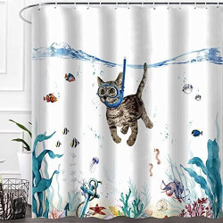 Présentation Rideau de Douche Imperméable Chat Océan - Polyester Lavable avec Crochets