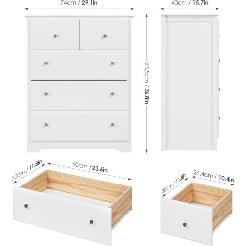 Présentation de Zoom sur HOCSOK Commode 5 Tiroirs Rangement Multifonction Blanc