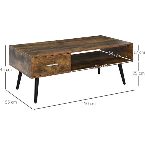 Présentation de Zoom sur Table basse industrielle Homcom, noir, bois, 1 tiroir, étagère