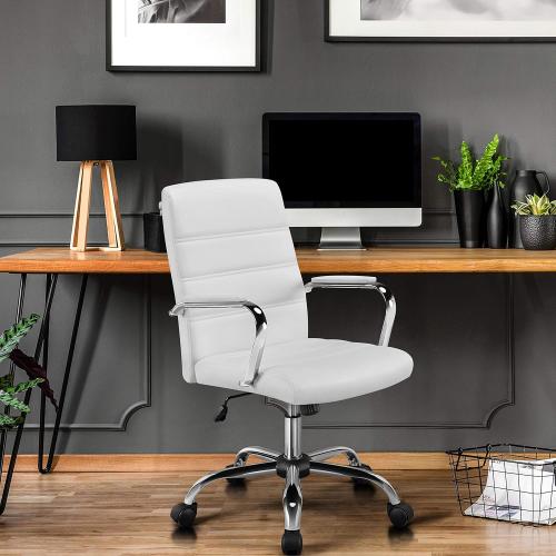 Présentation de Zoom sur Chaise Bureau Ergonomique Similicuir Inclinable Blanche, Hauteur Réglable