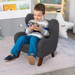 Fauteuil Enfant Oreilles Confort Mousse Bois Hêtre Lin Gris en situation