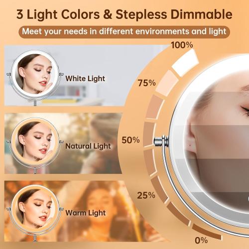 Présentation de Zoom sur Miroir maquillage éclairé 10x, réglable, 3 lumières couleurs