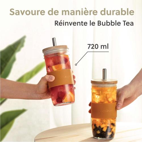 Présentation de Cosumy Mason Jar, Verre Bubble Tea, Paille, Couvercle Bambou en situation