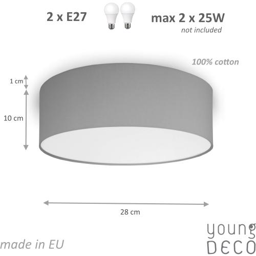 Présentation de youngDECO Plafonnier Rond Gris, Abat Jour Tissu Coton en situation