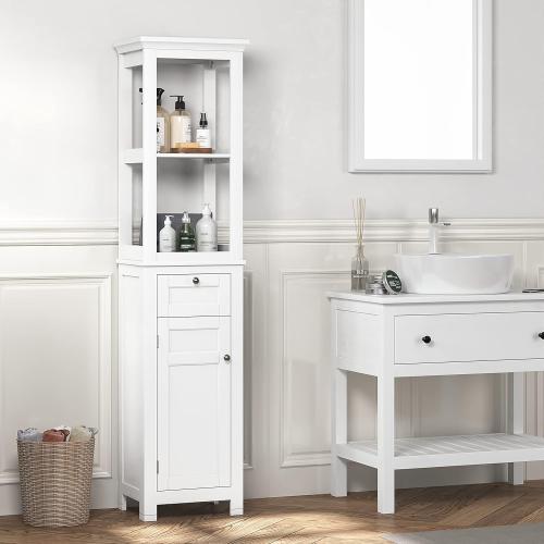 Présentation de Zoom sur Armoire de rangement salle de bain, blanche, 2 étagères ouvertes