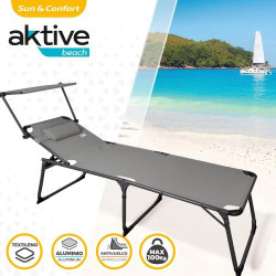 Chaise Longue Pliante Aktive, Parasol, Coussin, Gris en situation