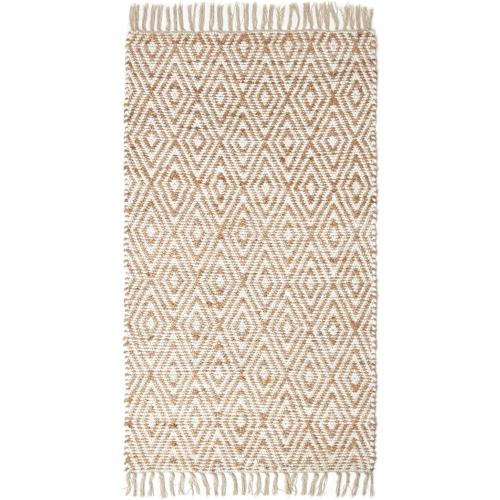 Présentation de Tapis Chindi Chanvre Motif Losanges Beige Blanc Artisanale en situation