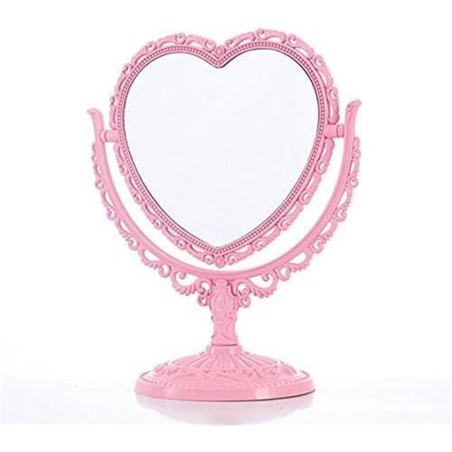 Présentation de Présentation Miroir Maquillage Rotatif Cœur Rose, 2 Côtés, Plastique