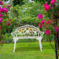 Banc de Jardin Relaxdays, 2 sièges, Aluminium, Fonte, Rose en situation