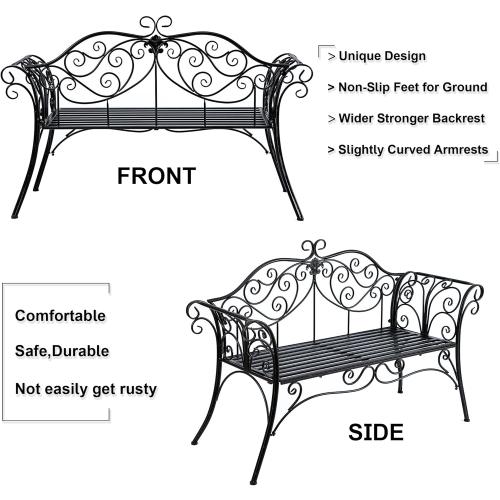 Présentation de Zoom sur HLC Banc de Jardin Rétro Métal Noir, 2 Places