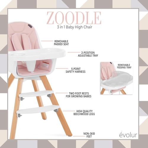 Présentation de Zoom sur Chaise haute 2 en 1 Evolur Zoodle, Rose